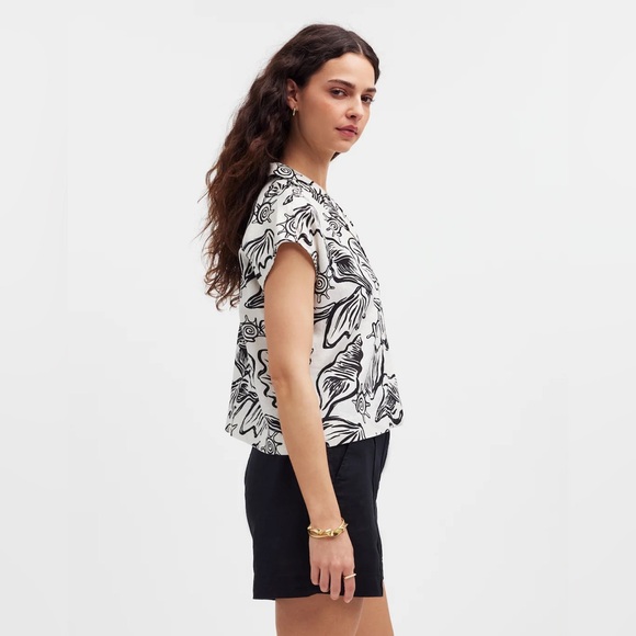 MADEWELL Boxy Cap-Sleeve Shirt in 100% Linen Lighthouse Shell Print Size XS - Picture 2 of 8